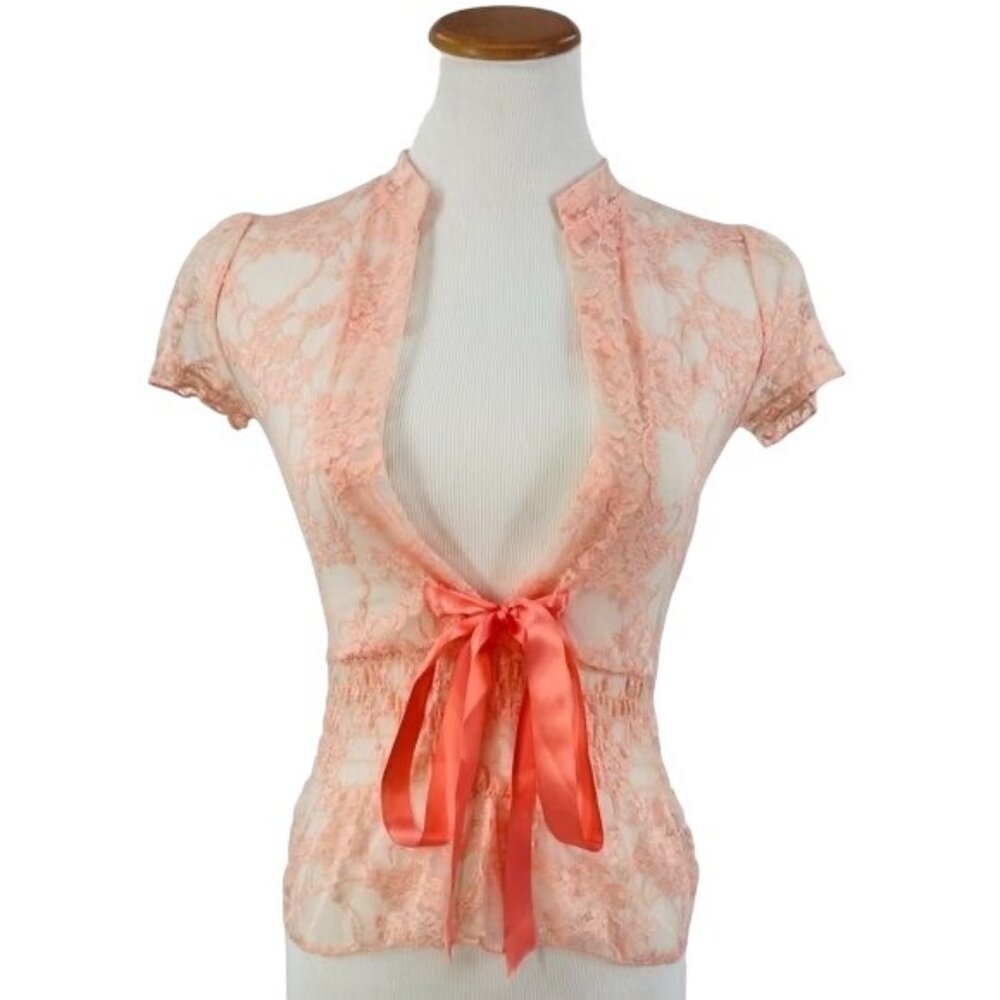 VTG Peach Sheer Lace Top | Coquette Boho Indie Sleaze Fairycore Balletcore Siren - Picture 2 of 13